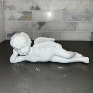 Elegant White Ceramic Reclining Angel Cupid 9" Long Figurine